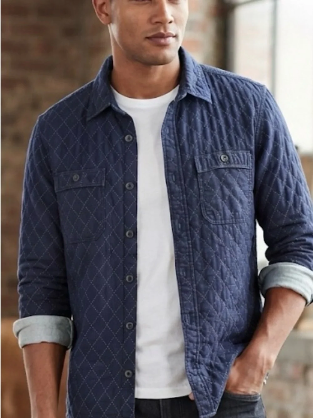 Banana Republic Blue Diamond Quilted look Long Sleeve Shirt Jacket Sz Medium